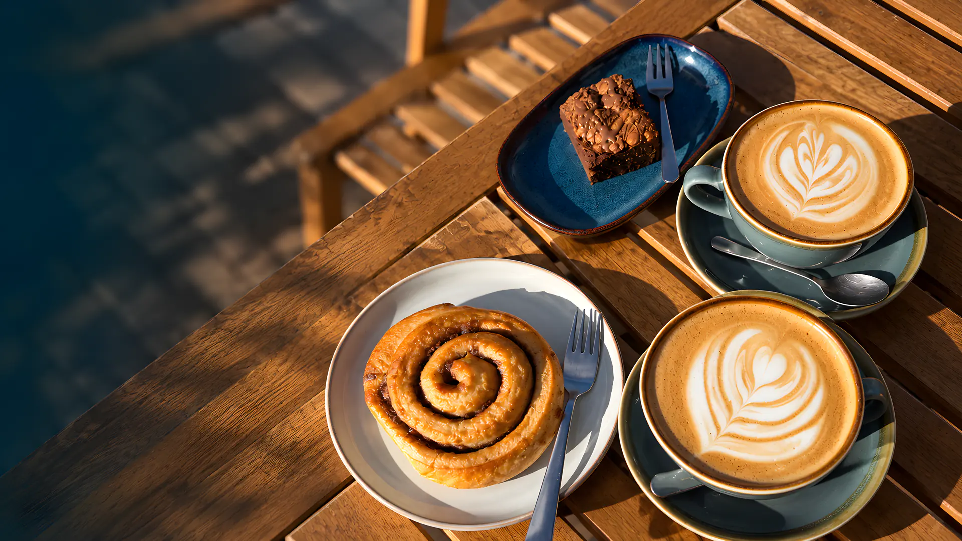 Two lattes in teal cups, a cinnamon swirl and a brownie on a wooden table at Rumi